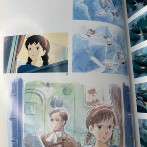 May include: A page from an art book featuring illustrations from an animated film. The images depict scenes with characters, aircraft, and a young woman looking out a window. The color palette is dominated by blues and whites.