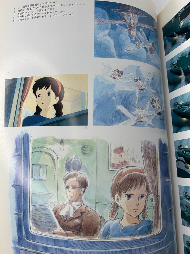 May include: A page from an art book featuring illustrations from an animated film. The images depict scenes with characters, aircraft, and a young woman looking out a window. The color palette is dominated by blues and whites.