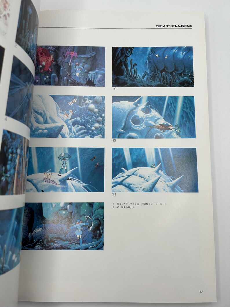 May include: A page from "The Art of Nausica&auml;" featuring several illustrations. The images depict scenes with blue and purple hues, showcasing fantastical creatures and landscapes. The text "THE ART OF NAUSICAA" is visible at the top.