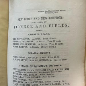 May include: A vintage book page from 1855, featuring a list of new books and editions published by Ticknor and Fields. The page includes titles by authors like Charles Reade and William Howitt, with prices listed in cents and dollars.