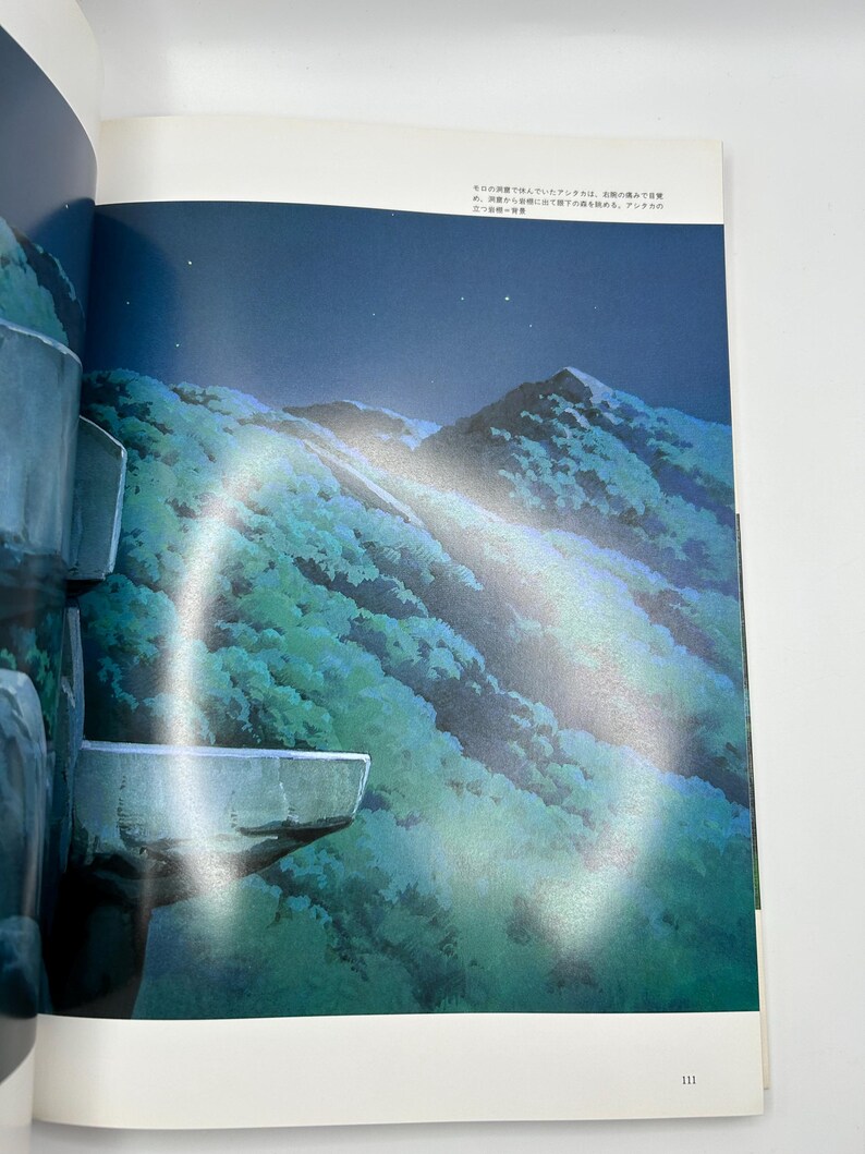 May include: A book page featuring a nighttime landscape illustration of a dark blue sky with stars above a mountain range covered in dense green forest. The page includes Japanese text at the top and the number 111 at the bottom right corner.