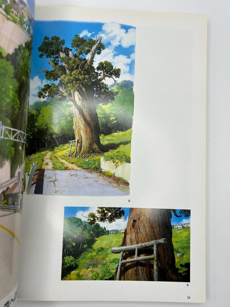 May include: Two illustrations of a large tree with a weathered trunk and green foliage. The first image shows the tree next to a dirt road and a small gate. The second image is a close-up of the tree trunk and a wooden gate.
