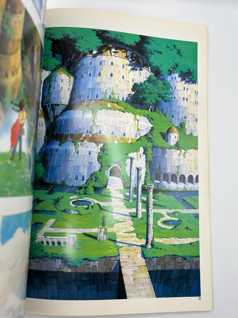May include: An illustration of a fantasy landscape featuring a fortress-like structure with multiple levels and rounded towers. The structure is surrounded by lush greenery, including trees and grass. A stone pathway leads to the fortress, with classical columns and small ponds.