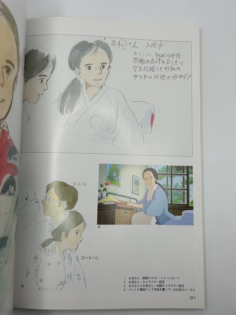 Puede incluir: P&aacute;gina de un libro de arte de animaci&oacute;n con bocetos de personajes. Los dibujos representan a una mujer con una bata estampada, una mujer con un vestido azul y otras figuras. Texto japon&eacute;s visible.