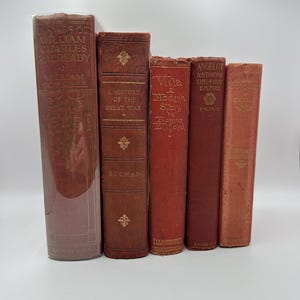 Red Books Vintage Antique Set Fine Bindings Decorative Gold Interior Design Staging Decor World War I Novels Literature Rare Gift Collecting