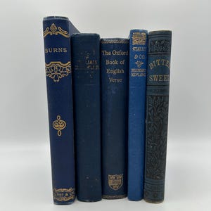Ensemble de livres anciens bleu et or pour décoration d&#39;étagères Wordsworth Shakespeare Kipling littérature anglaise poésie des années 1800 livre cadeau collection