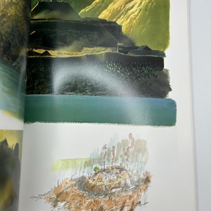 May include: A book page featuring two illustrations. The top image shows a painted landscape of a village with dark buildings and a green field. The bottom image is a sketch of a circular structure with smoke rising, marked with the page number 63.