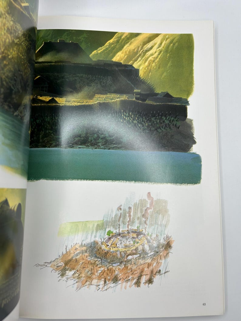 May include: A book page featuring two illustrations. The top image shows a painted landscape of a village with dark buildings and a green field. The bottom image is a sketch of a circular structure with smoke rising, marked with the page number 63.