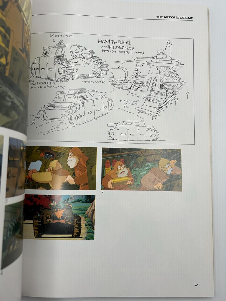 May include: A page from "The Art of Nausica&auml;" featuring sketches of a tank-like vehicle with caterpillar tracks and detailed diagrams. The page also includes color illustrations of characters in a vehicle interior.