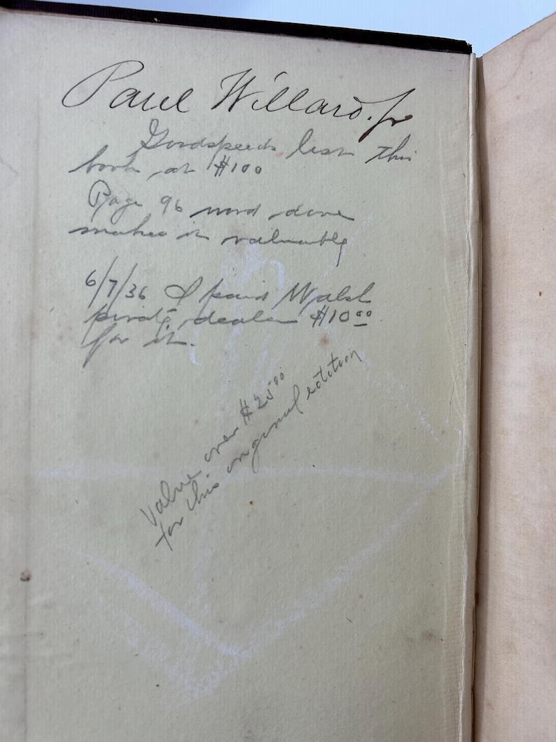 May include: Open book page with handwritten text in black ink. The text includes a name, a price, and other notes. The page is aged with a light tan color. The book appears to be an older edition.