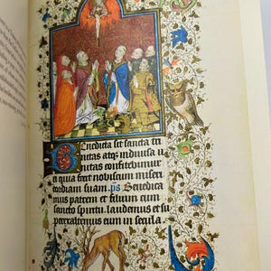 May include: An open book page featuring a detailed medieval illustration. The artwork includes a religious scene with figures in colorful robes, ornate floral borders, and handwritten text. An owl and a deer are also depicted.