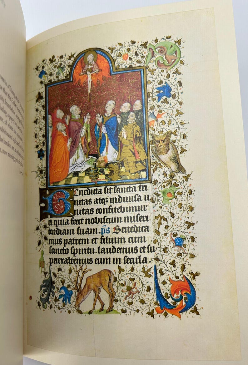 May include: An open book page featuring a detailed medieval illustration. The artwork includes a religious scene with figures in colorful robes, ornate floral borders, and handwritten text. An owl and a deer are also depicted.