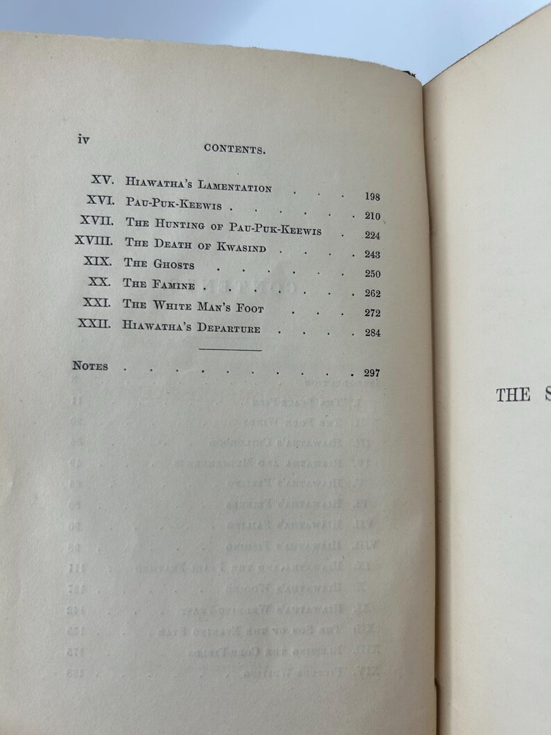 May include: Open book with a contents page. The page lists chapter titles such as "Hiawatha's Lamentation" and "The White Man's Foot." The text is in black ink on aged, off-white paper. The book's spine is visible on the right side.