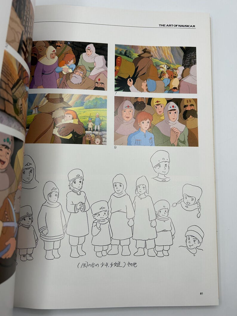 May include: A page from "The Art of Nausica&auml;" featuring illustrations and sketches. The top section shows colored panels of characters in various scenes. The bottom section displays sketches of children in winter clothing. Text in Japanese is present.