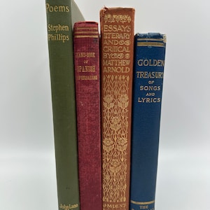 Zestaw kolorowych książek Poezja Piosenki Eseje literackie Hiszpański Rzadki antyczny złoty Dekoracja Oprawy Książka edwardiańska Prezent Wystrój domu Biblioteka