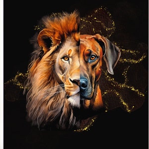 Puede incluir: Una obra de arte enmarcada que presenta un león y un perro divididos. El león tiene una melena dorada, mientras que el perro tiene pelaje marrón. El fondo es negro con detalles dorados. La obra está colgada en una pared blanca.