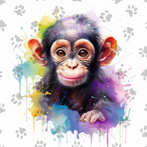 Impresión digital de acuarela de safari de chimpancé bebé, decoración de guardería por sublimación, descarga instantánea