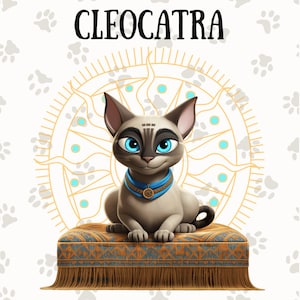 May include: A cartoon cat named CleoCatra sits on a patterned rug. The cat has blue eyes, a blue collar with a gold pendant, and a black and white marking on its forehead. The background features a stylized sun with a blue and gold design.
