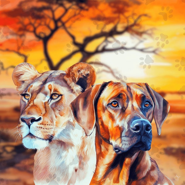 Lion Hunter Digital Print | Lioness and Rhodesian Ridgeback | Serengeti | Wall Art | Decor | Instant Download