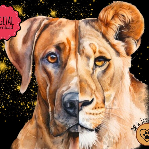 The Lioness and The Lion Hunter | Rhodesian Ridgeback Morphed Digital Print | Decor | African | Wall Art | On Black | Instant Download