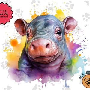 Baby Hippo Safari Watercolour Digital Print Sublimation Nursery Decor Instant Download