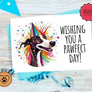 Biglietto d'auguri digitale con levriero colorato, biglietto d'auguri di compleanno, download immediato con modello di busta bonus