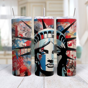 3D Freiheitsstatue amerikanische Flagge 20 Unzen Becher Wrap 20 Unzen Skinny Becher Sublimation Design Sofortiger Download PNG 20 Unzen Gerader Becher Wrap