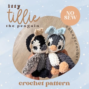May include: Two crocheted penguin plushies with textured yarn. One penguin is black and white with a tan bow, the other is dark gray and white with a light blue bow. Text on the image reads: itty tillie the penguin, NO SEW, crochet pattern.