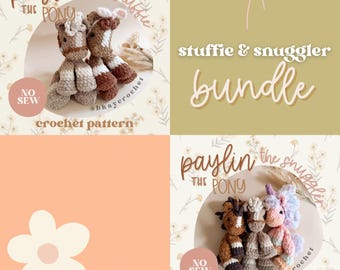 May include: A crochet pattern for a stuffed pony and a snuggle buddy. The pattern is called "Paylin the Pony" and "Paylin the Snuggle". The pattern is no-sew and includes a brown and white pony and a purple and white unicorn.