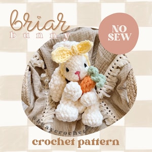 May include: A crochet pattern for a white bunny with a yellow bow and a carrot. The pattern is called "Briar Bunny" and is a no-sew project.