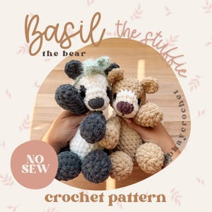 May include: Two handmade crochet bears in a soft, textured yarn. One bear is white, gray, and mint green, the other is tan and brown. The image includes the text "Basil the bear" and "crochet pattern".