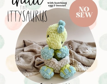 Indie the Ittysaurus With Hatching Egg + Bonnet Wzór szydełkowy | Wzór szydełkowy Amigurumi bez szycia | Wzór szydełkowy Baby Dinosaur Cute