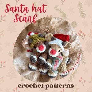 May include: Two crocheted reindeer wearing Santa hats and scarves. The reindeer are brown with white accents and red noses. The hats are red and green with white trim. The scarves are red and green plaid. The reindeer are sitting on a fuzzy brown surface. The image text reads "Santa hat + scarf crochet patterns @bkaycrochet".