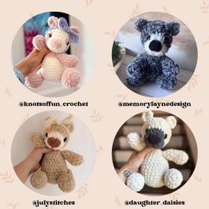 May include: Four crocheted stuffed animal toys in a circle arrangement. The toys include a pink and white bunny, a gray bear, a tan bear, and a white bear with a gray snout. Each toy is held by a hand. The text "@knotsoffun_crochet", "@memorylaynedesign", "@julystitches", and "@daughter_daisies" are below each toy.
