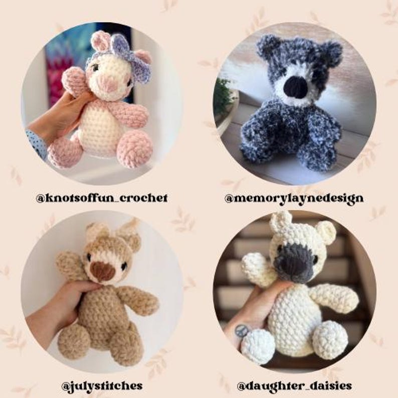 May include: Four crocheted stuffed animal toys in a circle arrangement. The toys include a pink and white bunny, a gray bear, a tan bear, and a white bear with a gray snout. Each toy is held by a hand. The text "@knotsoffun_crochet", "@memorylaynedesign", "@julystitches", and "@daughter_daisies" are below each toy.