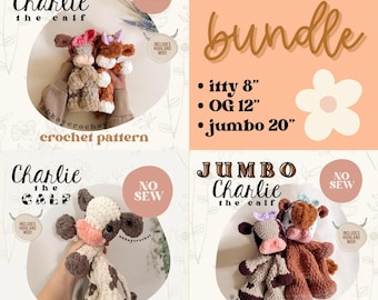 BUNDLE - Jumbo, OG, & Itty Charlie the Calf Crochet Patterns | No Sew Crochet Amigurumi Pattern | Baby Cow Calf Highland Crochet Pattern