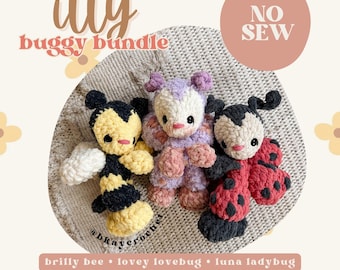 Puede incluir: Un patrón de crochet para hacer tres juguetes de peluche sin coser: una abeja, una mariquita y un escarabajo. El patrón se llama "itty buggy bundle" y está disponible para descargar.