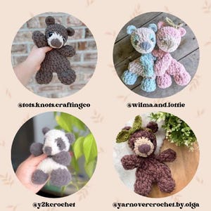 Peut inclure: Quatre animaux en peluche crochet&eacute;s sont pr&eacute;sent&eacute;s : un ours brun, deux ours aux couleurs pastel, un panda et un ours brun avec une feuille. L'image comprend le texte "@tots.knots.craftingco", "@wilma.and.lottie", "@y2kcrochet" et "@yarnovercrochet.by.olga".