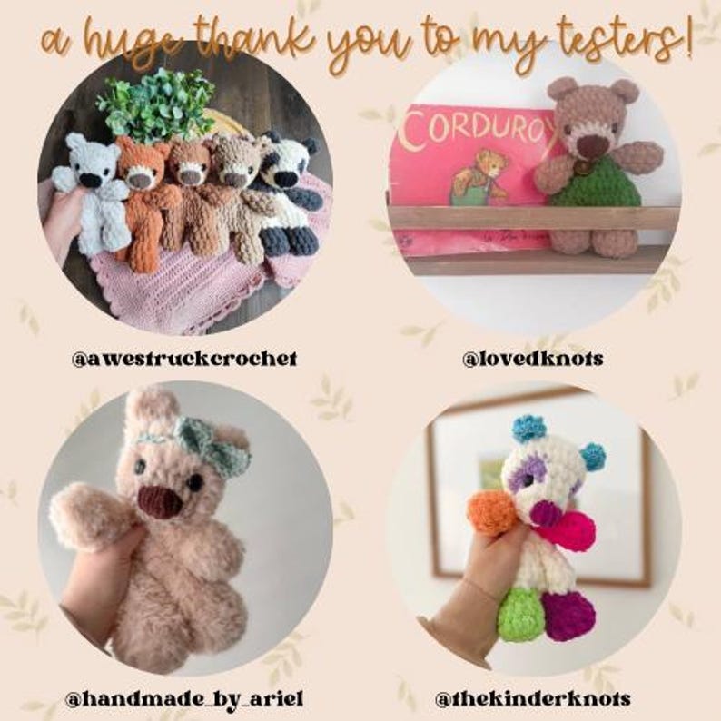 Peut inclure: Un collage d'ours en peluche crochet&eacute;s &agrave; la main de diff&eacute;rentes couleurs, dont blanc, marron et noir. Les ours sont pr&eacute;sent&eacute;s dans des cadres circulaires avec le texte "a huge thank you to my testers!" en haut. Chaque cadre comprend un identifiant Instagram.