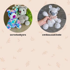 May include: Two crocheted teddy bears are displayed in circular frames. One bear is colorful with rainbow yarn, the other is gray. A third bear is white with a pink scarf. The text "@crochetbytra" and "@wilma.and.lottie" are visible.
