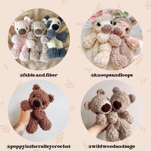 Peut inclure: Un collage de quatre images pr&eacute;sentant des ours en peluche crochet&eacute;s faits &agrave; la main de diff&eacute;rentes couleurs. Les ours ont des yeux en bouton et sont dans des tons de rose, de marron, de beige et de bleu. Le texte "@fable.and.fiber", "@knoopsandloops", "@poppyinthevalleycrochet", et "@wildwoodandsage" est inclus.