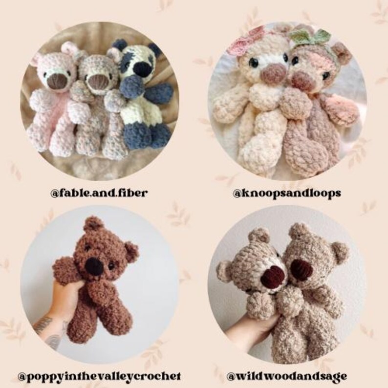 Peut inclure: Un collage de quatre images pr&eacute;sentant des ours en peluche crochet&eacute;s faits &agrave; la main de diff&eacute;rentes couleurs. Les ours ont des yeux en bouton et sont dans des tons de rose, de marron, de beige et de bleu. Le texte "@fable.and.fiber", "@knoopsandloops", "@poppyinthevalleycrochet", et "@wildwoodandsage" est inclus.
