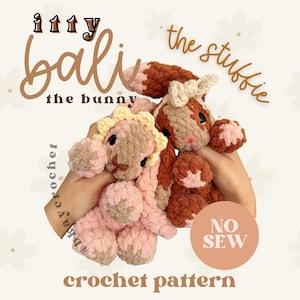 May include: Two handmade crochet bunnies in shades of pink, brown, and cream. The bunnies are held in hands and feature the text "itty bali the bunny" and "the stubbie". The image also includes the text "crochet pattern" and "no sew".
