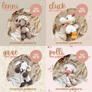 May include: Four crochet amigurumi animal patterns, each featuring a different animal: a lamb, a chicken, a goat, and a piglet. Each pattern is labeled with the animal's name and the words "No Sew" and "crochet pattern".
