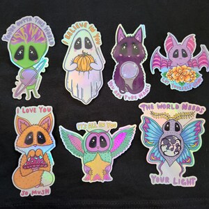 Cute holo sticker pack, creatures of the night stickers, encouraging sticker, holographic sticker, waterproof sticker, sticker bundle