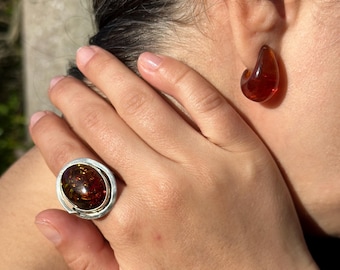 Rare Dark Amber Statement Ring: Chunky 925 Sterling Silver