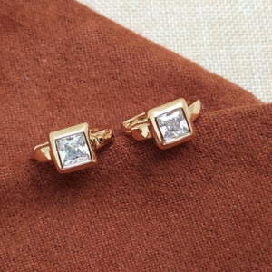 Pale Gold CZ Square Huggie Earrings
