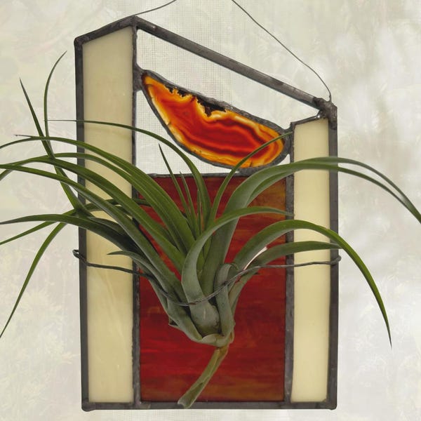 Atrapasueños artesanal de vidrieras rojas con auténtica geoda de ágata y planta aérea: Regalo hecho por un artista.