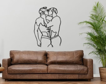 Art mural en métal pour couple gay, ligne abstraite, oeuvre d'art pour chambre à coucher intime, cadeau LGBTQ pour la Saint-Valentin