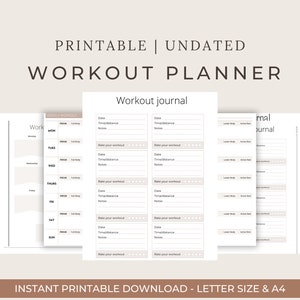 May include: Printable undated workout planner featuring a weekly workout log and a workout journal. The journal provides space to record the date, time or distance, notes, and a rating for each workout.
